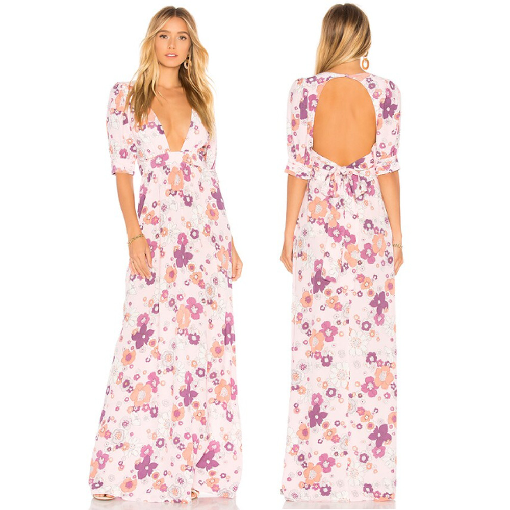NWT For Love & Lemons Magnolia V-Neck Open Back Maxi Dress Pink Blossom Women XS